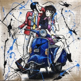 Quadro Juta Lupin e Fujiko in Vespa quadrato -realizzato a mano