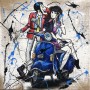 Quadro Juta Lupin e Fujiko in Vespa quadrato -realizzato a mano