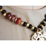 collana in argento placcato oro 24 kt con onice e corallo in stile maya azteco, collana etnica, bigiotteria etnica