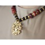 collana in argento placcato oro 24 kt con onice e corallo in stile maya azteco, collana etnica, bigiotteria etnica